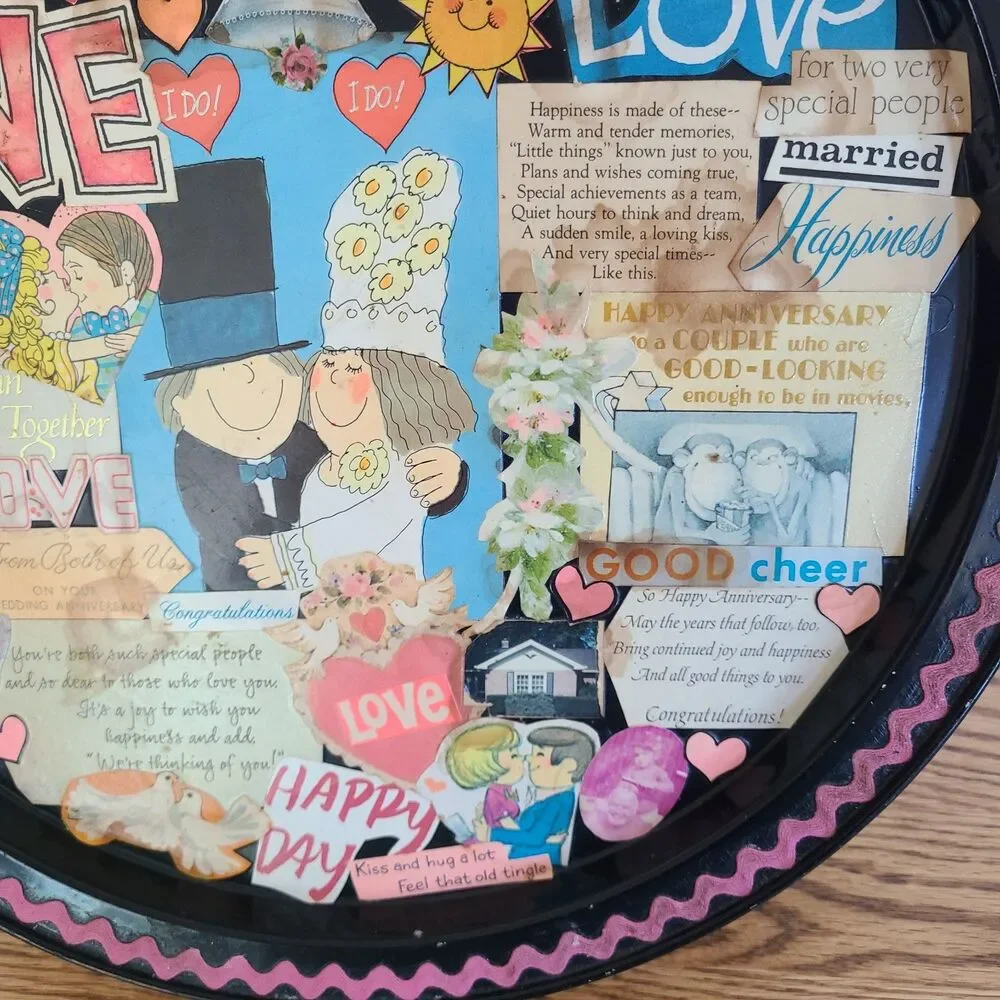 Vintage Decoupage Tray Paper Art Collage Celebrating Wedding Anniversary Love